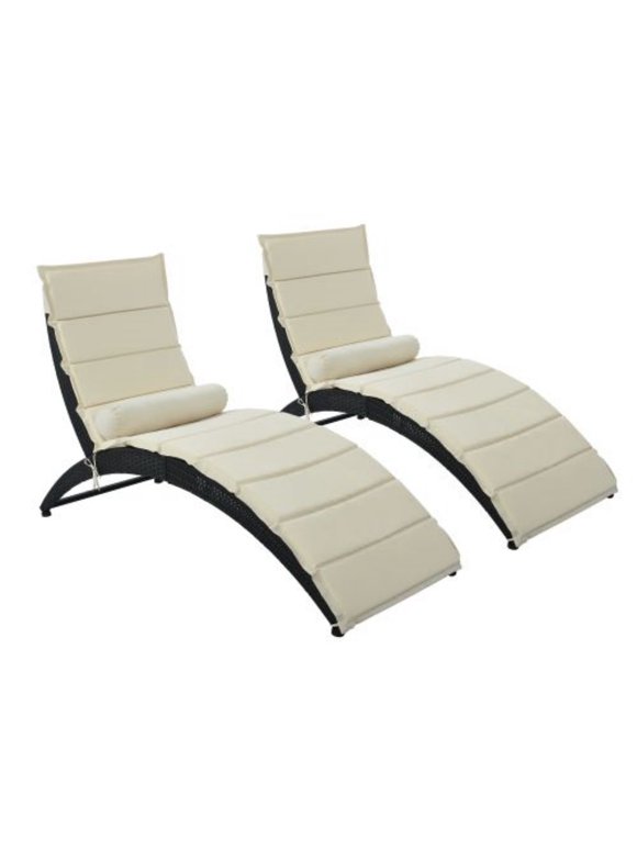 Cmgb Patio Wicker Sun Lounger, Foldable Chaise Lounger with Removable Cushion and Bolster Pillow, Black Wicker and Beige Cushion