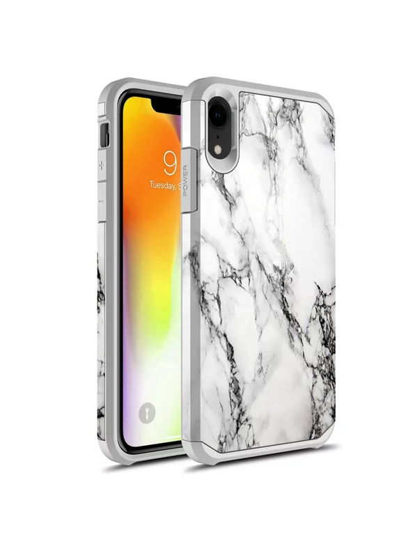 iPhone XR Case, Rosebono Slim Hybrid Dual Layer Graphic Fashion Colorful Cover Armor Case for Apple iPhone XR (White Marble)