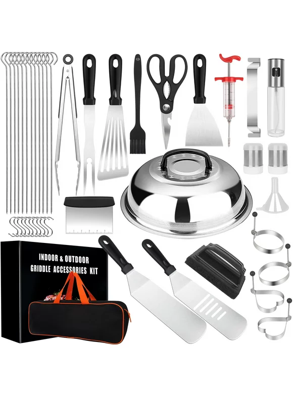 Griddle Accessories Kit, 43 Pieces Extra Thick Flat Top Griddle Grill Set for Professional Chef Spatula Grill Set with Oil Brush, Spatula, Spatula, Bottle, Tongs, Egg Ring for Camping Outdoor Grilling