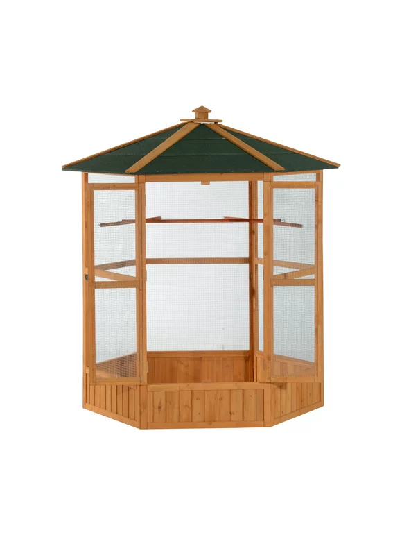 Pawhut 65" Large Wooden Hexagonal Outdoor Aviary Flight Bird Cage With Covered Roof