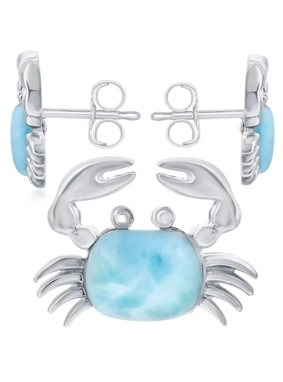 Beaux Bijoux Natural Larimar Gemstone Crab Stud Earrings Sterling Silver Jewelry for Women or Teens