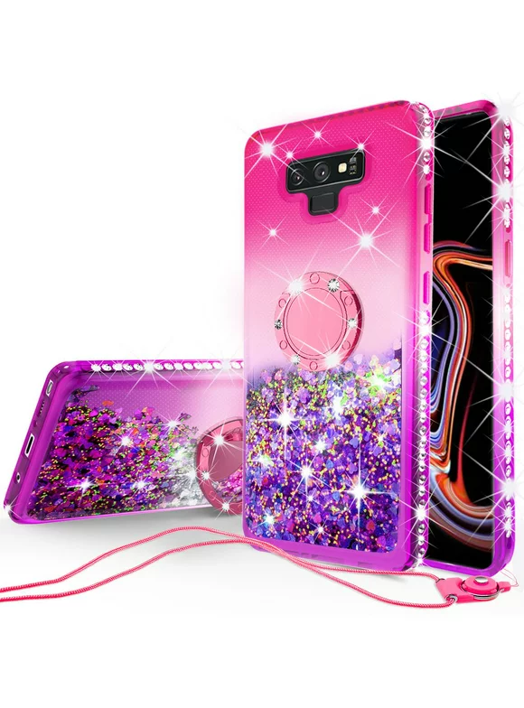 SOGA Rhinestone Glitter Bling Liquid Floating Quicksand Cute Phone Case Compatible for Samsung Galaxy Note 9 Case with Embedded Metal Ring for Magnetic Car Mounts Include Lanyard - Purple on Pink
