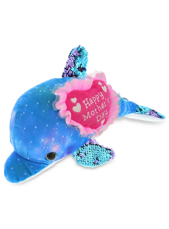 DolliBu Happy Mother's Day Space Sequin Plush Purple Dolphin Toy - Cute Stuffed Animal with Pink Heart Message for Best Mommy, Grandma, Wife, Daughter - Cute Sea Life Plush Toy Gift - 12" Inches