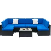 Zimtown 7PCS Outdoor Patio Garden Furniture Sectional PE Rattan Wicker Rattan Sofa Set with Blue Cushions
