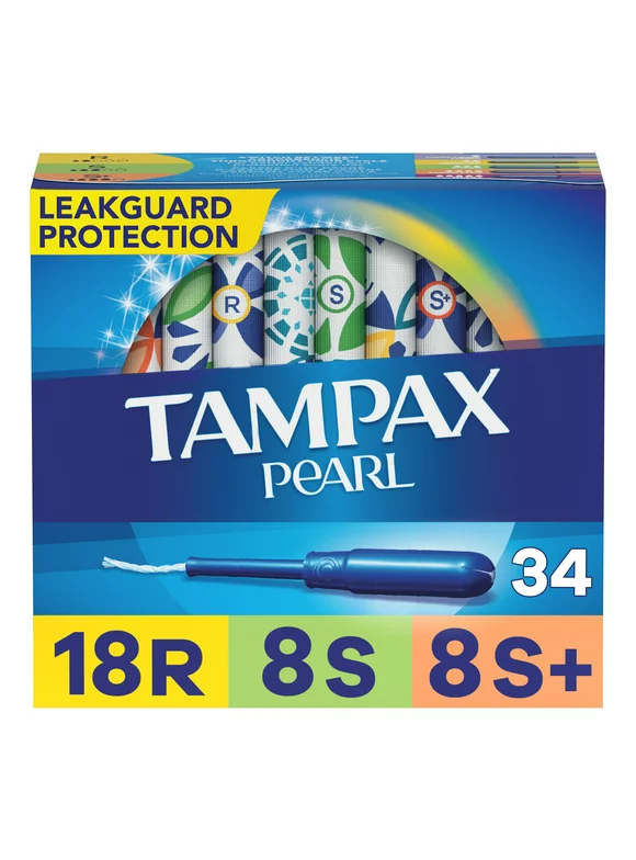 Tampax Pearl Tampons Trio Pack, with LeakGuard Braid, Regular/Super/Super Plus Absorbency, Unscented, 34 Ct