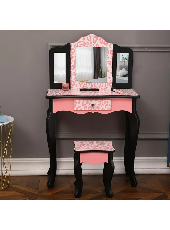 SalonMore Pink Princess Kids Vanity Table with Stool, with Tri-Folding Mirror for Girls Makeup