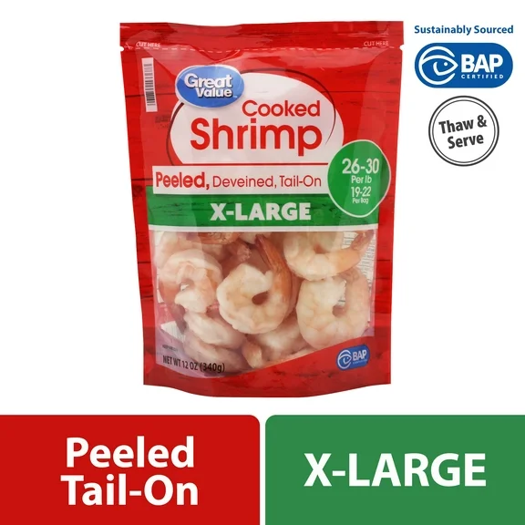 Great Value Frozen Cooked Extra Large Peeled & Deveined, Tail-on Shrimp, 12 oz (26-30 Count per lb)