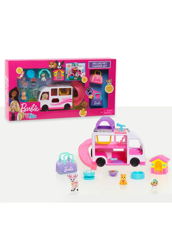 Barbie Deluxe Pet Camper Playset with Figures, 17-pieces,  Kids Toys for Ages 3 Up, Gifts and Presents