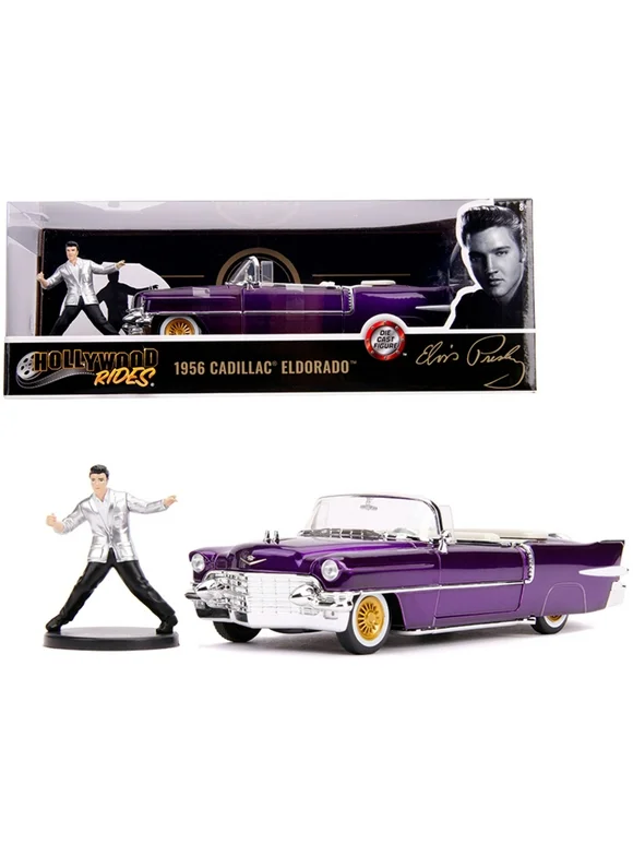 1956 Cadillac Eldorado Convertible Purple with Elvis Presley Diecast Figurine 1/24 Diecast Model Car by Jada