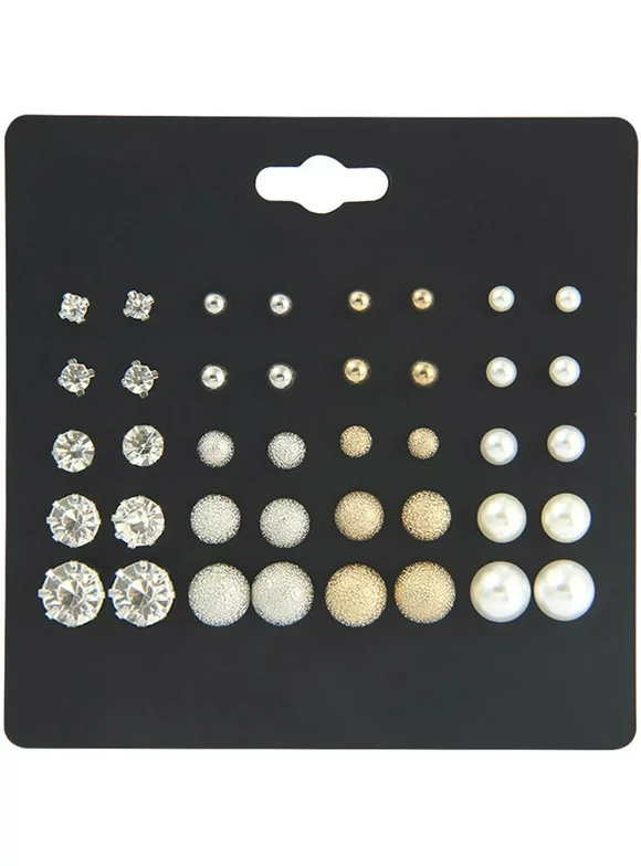 20Pairs/set Womens Metal Pearl Stud Earrings, Classic Zircon Crystal Stud Earring Set