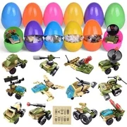 12 PCS Filled Easter Eeggs with Vehicles Building Blocks Easter Basket Stuffers Bulk Prefilled Easter Eggs with Small Toys Inside Party Favors for Kids Toddler Boys and Girls F-591