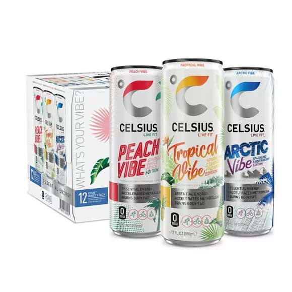 CELSIUS Sparkling Vibe Variety Pack, Functional Essential Energy Drink 12 fl oz (Pack of 12)