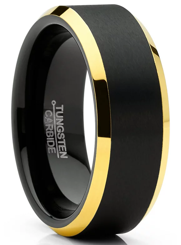 Mens Tungsten Ring Black Goldtone Wedding Band Beveled Edges Comfort-fit 8MM 9.5