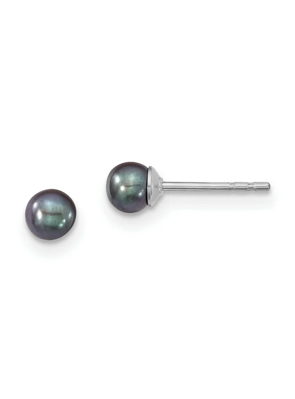 Black Freshwater Cultured Round Pearl Post Earrings in 925 Sterling Silver