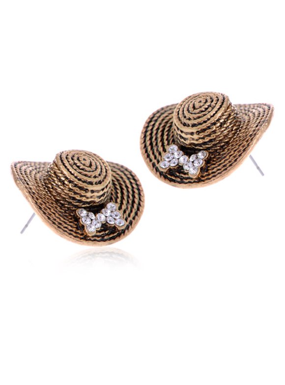 Antique Inspired Mini Summer Beach Straw Rhinestone Embellished Hat Earrings