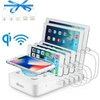 5-Port USB Charging Station for Multiple Devices, Fast Charging Dock Organizer with 5 USB Ports and 1 Qi Wireless Charging Pad for iPhone, ipad, Samsung, Android Phone, Tablet