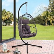 UHOMEPRO Resin Wicker Hanging Egg Chair with Cushion and Stand, UV Resistant Outdoor Patio Hanging Egg Chair with Aluminum Frame, Heavy Duty Swing Chair Backyard Relax with Headrest Pillow, Q9749