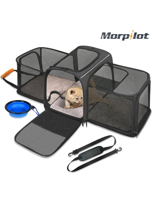 Expandable Pet Carrier wit Portable Folding Bowl, Morpilot Airline Approved Pet Carrier, 2 Sides Expandable Soft Cat Carrier with Fleece Pad for two lower than 15lb Cats, Dogs, Puppy and Small Animals