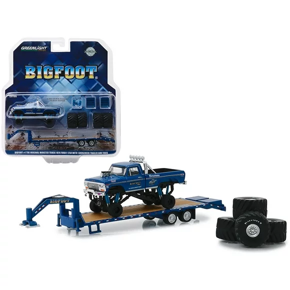 1974 Ford F-250 Monster Truck Bigfoot #1 The Original Monster Truck (1979)" with Gooseneck Trailer and Regular and Replacement 66" Tires "Hobby Exclusive" 1/64 Diecast Model Car by Greenlight"