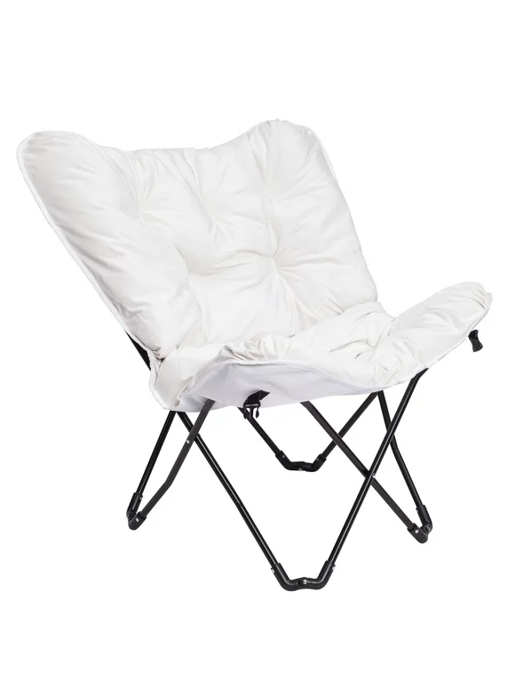 Zenithen Butterfly Folding Chair with High Gloss Black Frame in Tufted Velvet Fabric, White