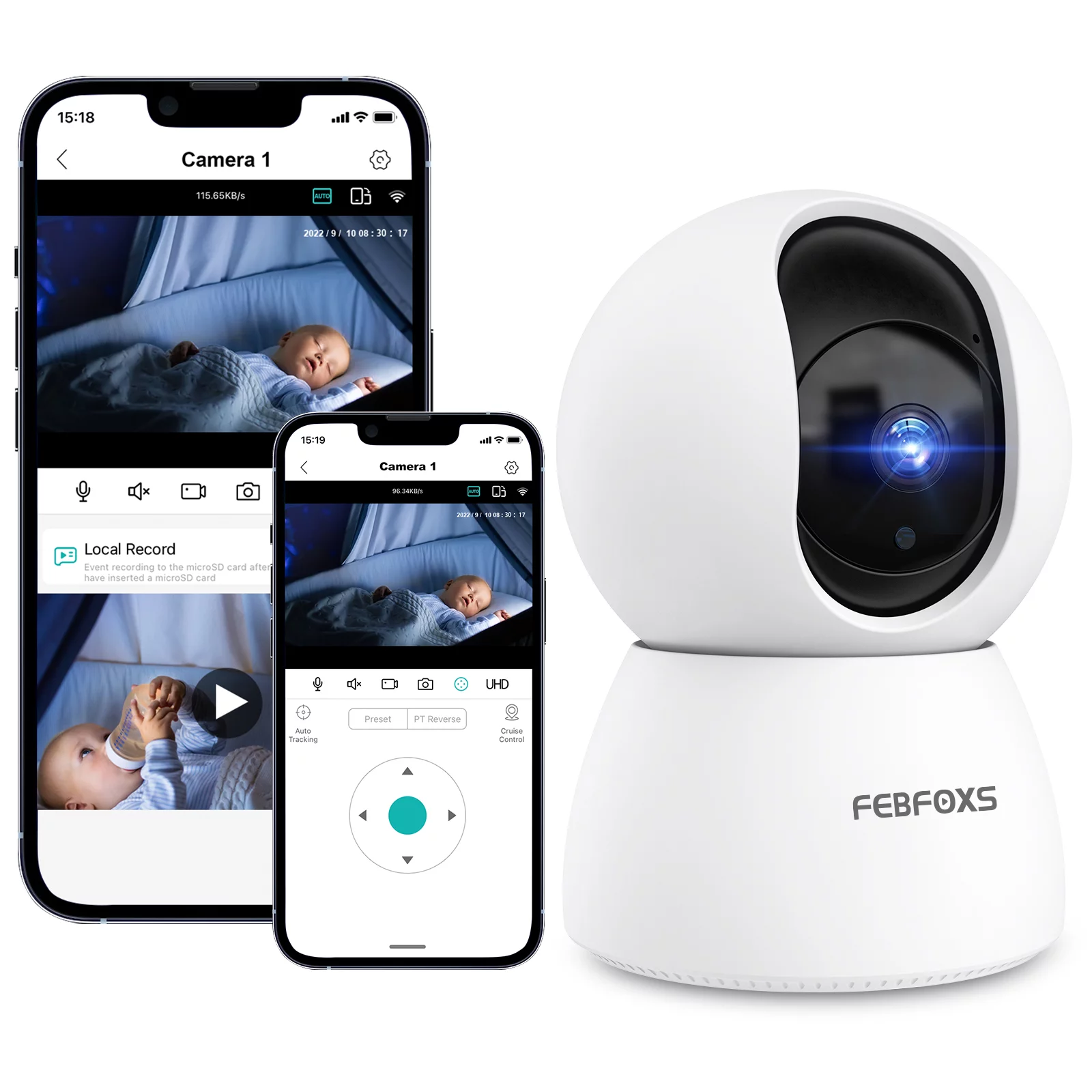 Febfoxs Baby Monitor Security Camera, WiFi Indoor Camera, 360-Degree Smart 1080P Pet Camera for Home Security and Nanny Elderlywith Motion Detection, Night Vision, Two-Way Audio