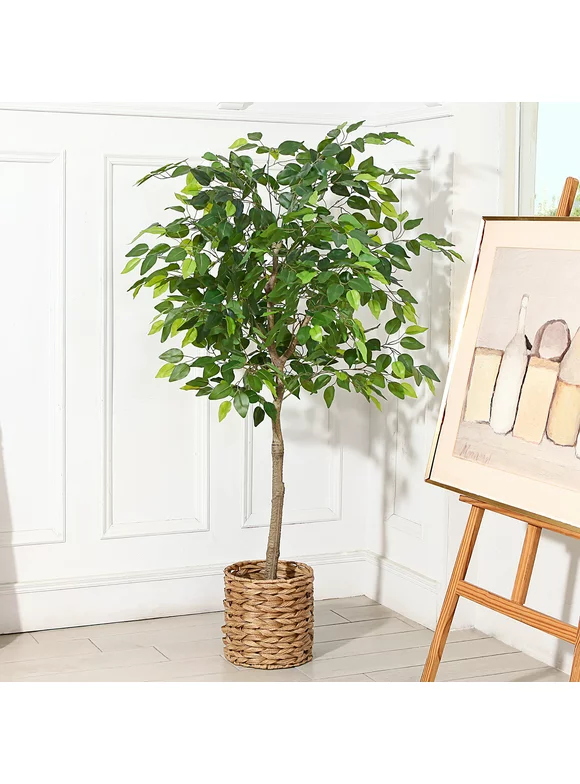 Artificial Ficus Silk Plants, 5FT Faux Plastic Ficus Tree in Pot with Durable Plastic Trunk, Fake Plant for Home Decor Office House Living Room Indoor Outdoor