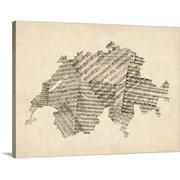 Great BIG Canvas | "Old Sheet Music Map of Switzerland Map" Canvas Wall Art - 24x18