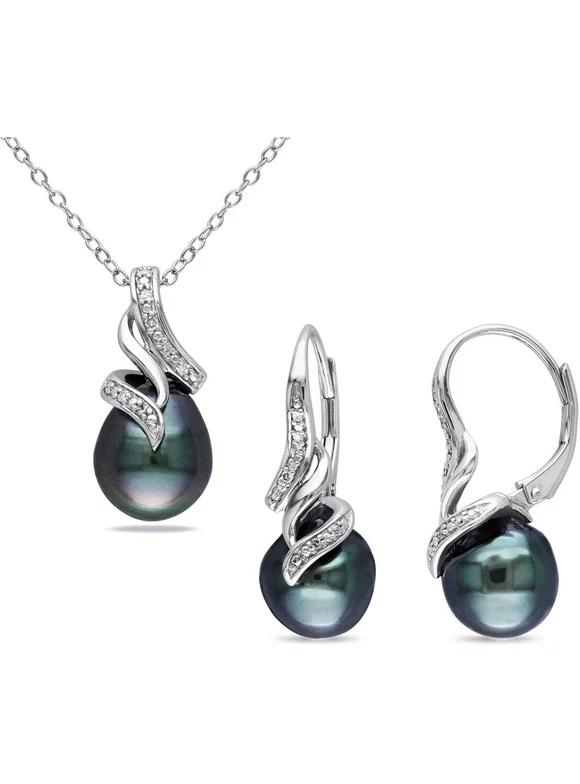 9-9.5mm Black Drop Tahitian Pearl with Diamond-Accent Sterling Silver Set of Pendant and Leverback Earrings, 18