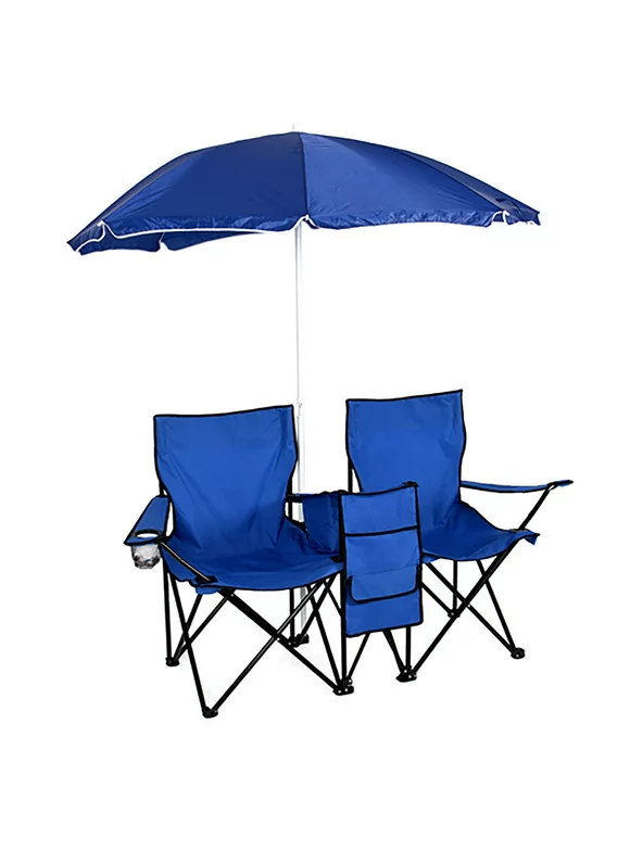 Double Folding Chair, Portable Camping Chair with Removable Umbrella, Table Cooler Bag, Carrying Bag, Fold Up Steel Construction Seat for Patio Beach Lawn Picnic Fishing Picnic Garden, Blue, W10667