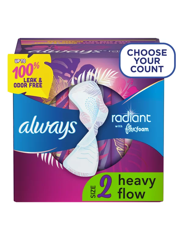 Always Radiant Feminine Pads for Women, Size 2 Heavy, with Wings, Scented, 26 Ct