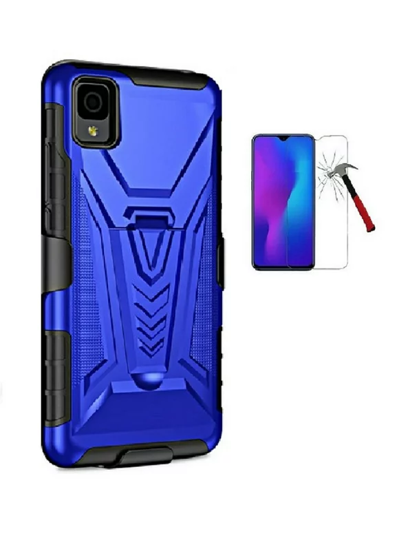 Compatible Case for Straight Talk TCL 30 Z/TracFone TCL 30Z, Shockproof Belt Clip Holster with Built-in Kickstand + Tempered Glass (Blue)