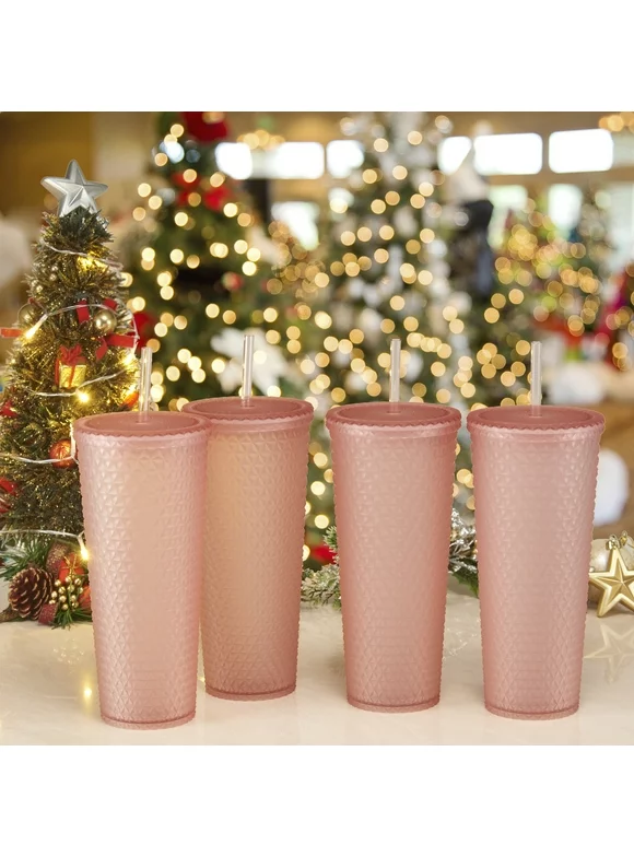 Holiday Time Christmas 4pk 26oz DW AS Plastic Tinted Matte Textured Tumbler, Pink