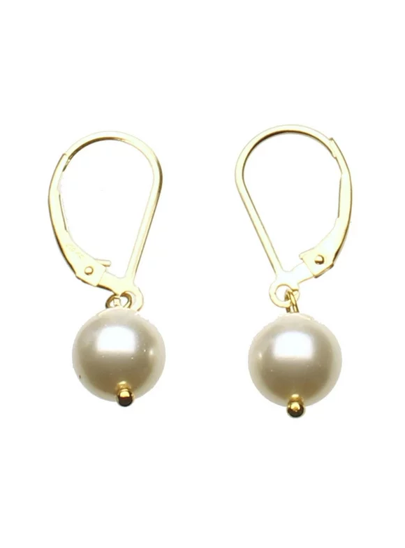 Gold-Plated Sterling Silver Leverback Earrings 8mm Simulated Pearl Made with Swarovski Crystals