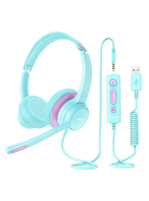 Mpow Kids Headset 3.5mm/USB Wired Headset with Microphone, Comfort-fit Office Computer Headphone with Mute for Skype, Webinar (Uranian Blue)