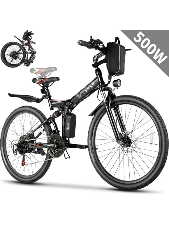 Vivi Adult Electric Bicycles Foldable Ebike, 500W 26" Electric Commuter Bicycle, 48V Battery, Full Suspension, Folding Electric Mountain Bike, Adjustable 21 Speed E-Bikes for Adults with Fenders