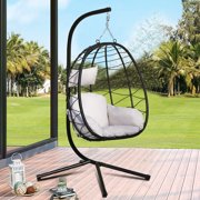 Patio Wicker Hanging Chair with Stand and Gray Cushion, Heavy Duty Hanging Egg Chair with Steel Frame, UV Resistant Outdoor Furniture Swing Chair with Headrest Pillow, Capacity of 264lbs, Q17111