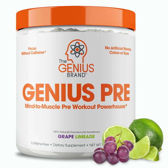 Genius Pre, Pre Workout Powder - Caffeine Free Natural Nootropic Pre Workout Energy Supplement, Grape Limeade - 20 Servings - The Genius Brand