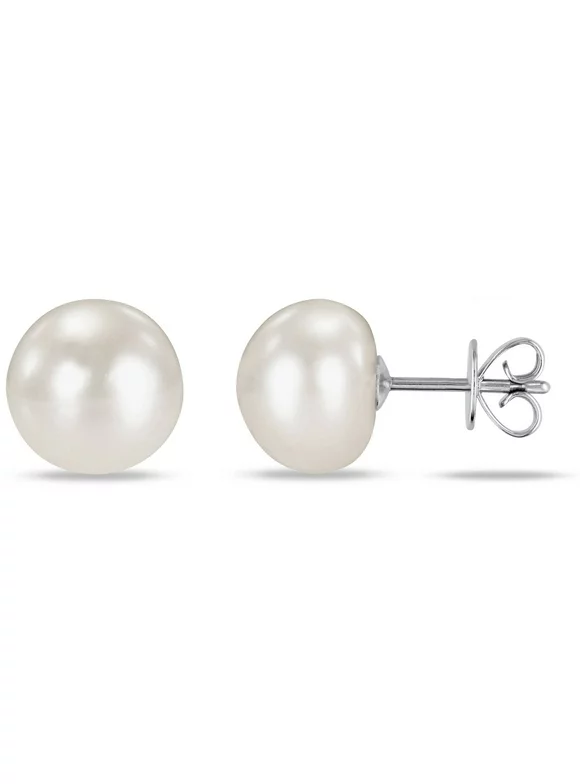 9-10mm White Button Cultured Freshwater Pearl 14kt White Gold Stud Earrings