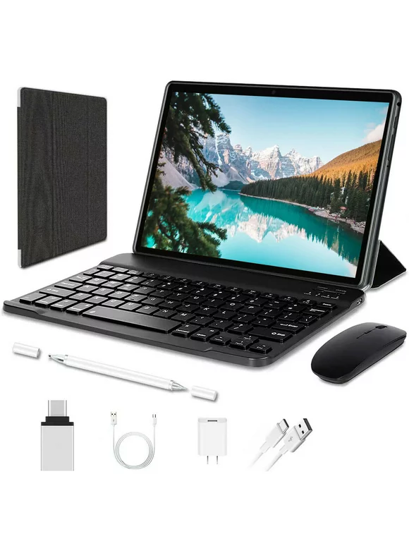 Android Tablet 10 Inch, 4GB RAM 64GB Storage, Android 11, Octa-Core Processor, Tablet with Keyboard, Large Battery, Dual Camera, Wi-Fi, Bluetooth, GPS, Mouse,Tablet Cover