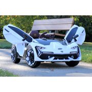 First Drive Lambo Concept White 12v Kids Cars - Dual Motor Electric Power Ride On Car with Remote, MP3, Aux Cord, Led Headlights, and Premium Wheel