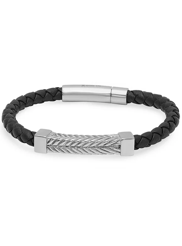 Oxford Ivy Braided Black Leather Fashion Bracelet with Locking Stainless Steel Clasp ( 8 1/2 inches)