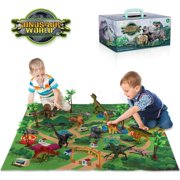 TEMI Dinosaur Toy Figure w/ Activity Play Mat & Trees, Educational Realistic Dinosaur Playset to Create a Dino World Including T-Rex, Triceratops, Velociraptor, Perfect Gifts for Kids,