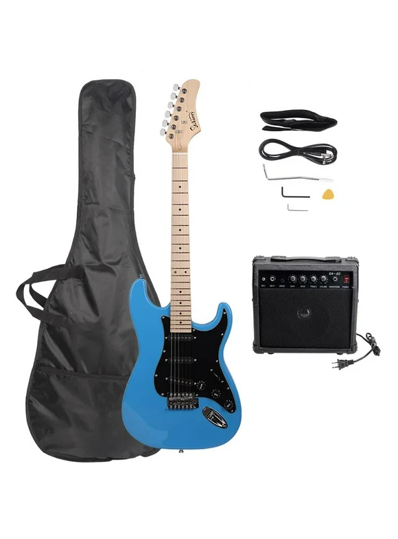 Glarry Full Size Electric Guitar for Beginner with 20 Watt Amp and Accessories,Sky/Bright Blue with Black Pickguard
