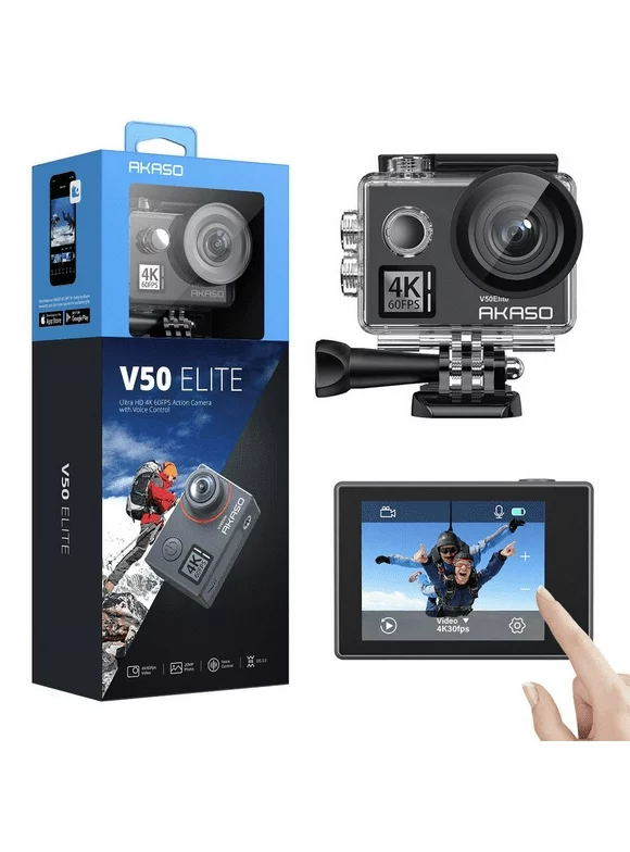 AKASO V50 Elite 4K Action Camera, 60fps 8X Zoom Sports Camera  EIS 2.0 131ft Underwater Camera with Touch Screen and Helmet Accessories