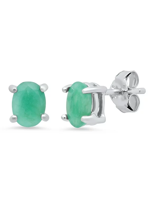 Sterling Silver Genuine Oval Cut Emerald Stud Earrings (7x5mm)