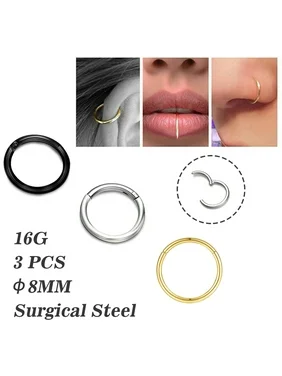 3PCS Cartilage Earring Hoop 16G 8mm Surgical Steel Septum Jewelry Tragus Piercing Nose Ring