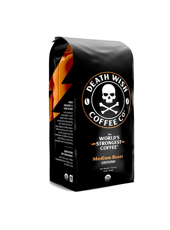 Death Wish Coffee, Organic, Fair-Trade, World's Strongest Coffee, Medium Roast Ground Coffee, 16 Oz, Bag Pack Of 6