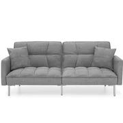 Best Choice Products Convertible Living Room Linen Fabric Tufted Split-Back Futon Sofa w/ 2 Pillows - Dark Gray