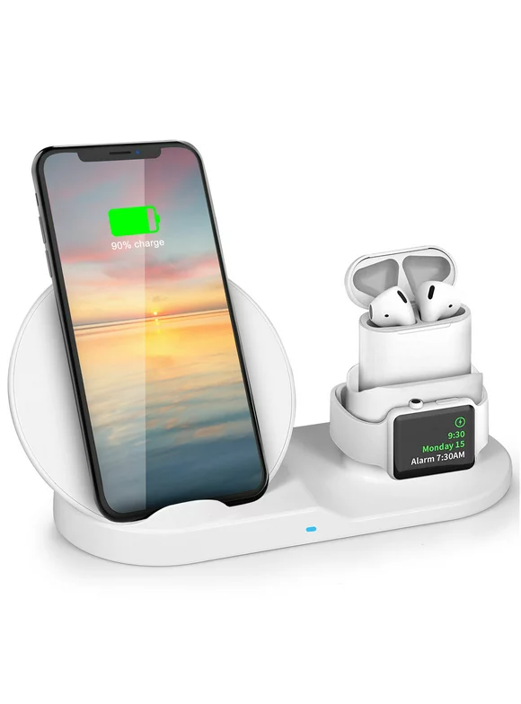 iMountek 3 in 1 Wireless Charger 10W QI Fast Charger Pad Stand Charging Station Dock for iPhone Apple iWatch Series 5/4/3/2/1 AirPods, White