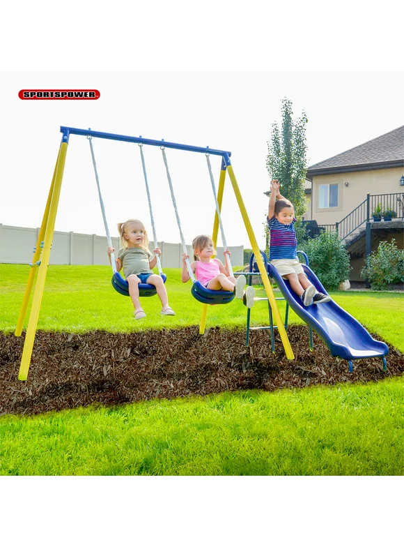 Sportspower Power Play Time Metal Swing Set with 2 Swings and 5' Double Wall Slide with Lifetime Warranty